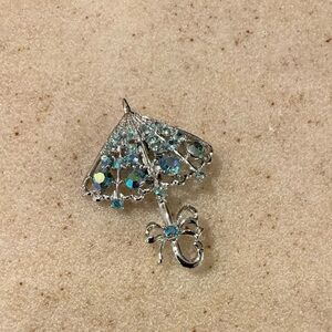 Silver-Tone Blue Crystal Umbrella Brooch